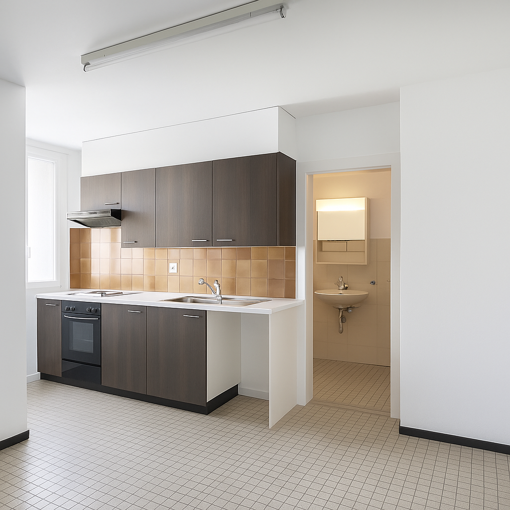 Cuisine minimaliste et salle de bain adjacente.png